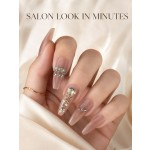 Nude Long Tapered Press‑On Nails, Luxury Rhinestone Pearl Cross Reusable Fake Nails